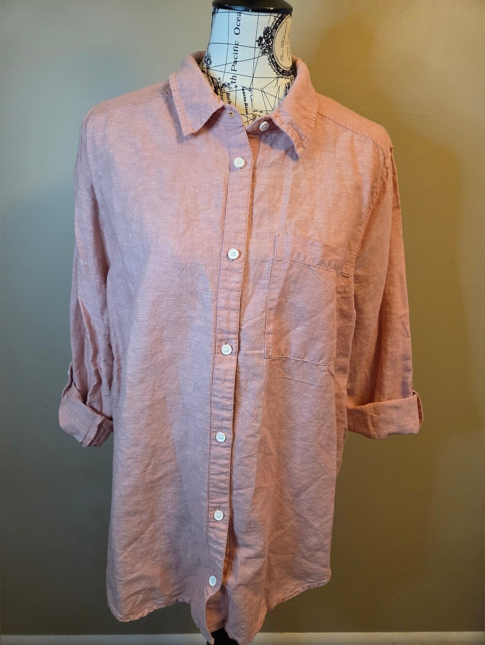 Liz Claiborne XL Pink Linen Blend Button Down Shirt Roll Tab Sleeve Blouse